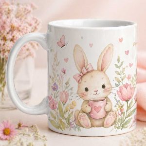 Персонализирана чаша със зайче, цветя и вашето послание